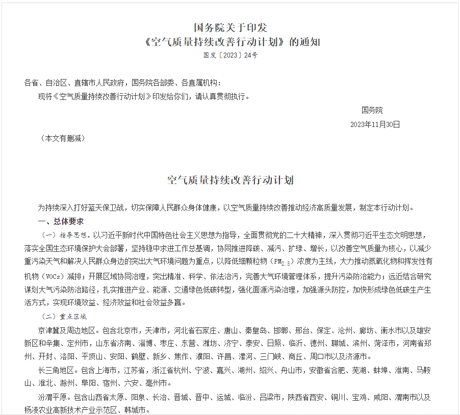 全文！國務院印發《空氣質量持續改善行動計劃》
